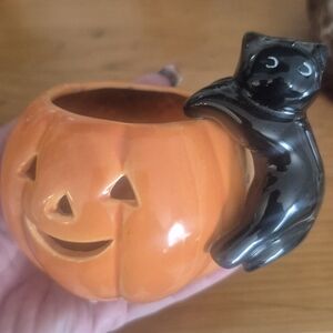 Cute Ceramic Pumpkin With Black Cat/tealight Holder, Trinket Dish Decor